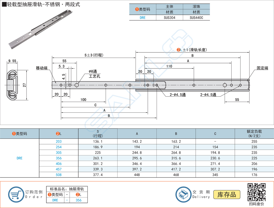 輕載型抽屜工業(yè)滑軌-不銹鋼兩段式導軌規(guī)格參數尺寸材質
