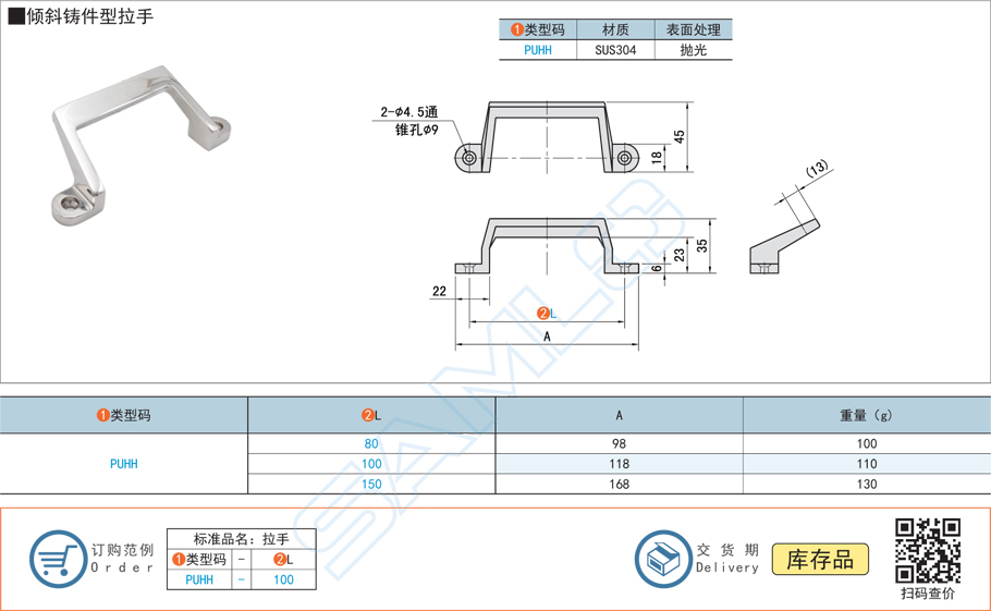 傾斜鑄件型拉手門把手PUHH規(guī)格參數(shù)尺寸材質